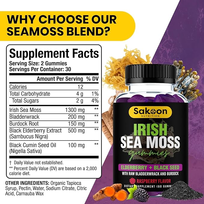 Irish Sea Moss Gummies with Elderberry & Black Seed Oil - Overall Wellness Support | Rich in Vitamins, Raspberry Flavor | 60 Gummies