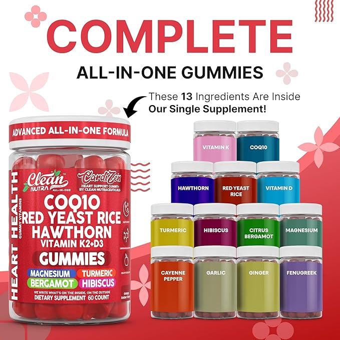 Clean Nutra CoQ10 Gummies Red Yeast Rice Hawthorn K2 Vitamin Supplement Magnesium Glycinate Turmeric Citrus Bergamot Hibiscus VIT D K Fenugreek Garlic Supplements Heart Support Gummy 60ct