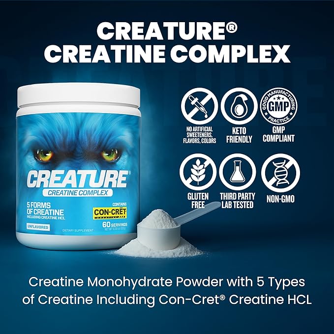 CREATURE® Creatine Complex - Creatine Monohydrate Powder with 5 Types of Creatine Including Con-Crēt® Creatine HCL, Promotes Muscle, Strength, Endurance, Brain Health, Unflavored, 300g 60 Servings
