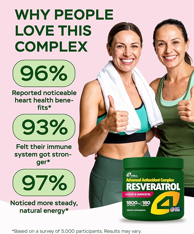 Resveratrol Supplement 1800mg Complex - COQ10, Quercetin, Vitamin E, Vitamin C - Powerful Antioxidant Formula for Enhanced Energy, Heart Health & Healthy-Aging Support Trans Resveratrol 180 Capsules