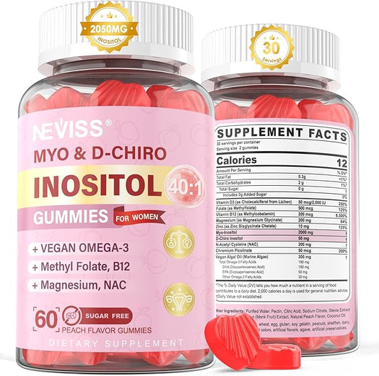 Myo-Inositol & D-Chiro Inositol Gummies Sugar Free, Ideal 40:1 Ratio Inositol Supplement for Women w/Vegan Omega-3, D3, Magnesium, Methyl Folate, B12, Inositol Multivitamin for Women's Overall Health