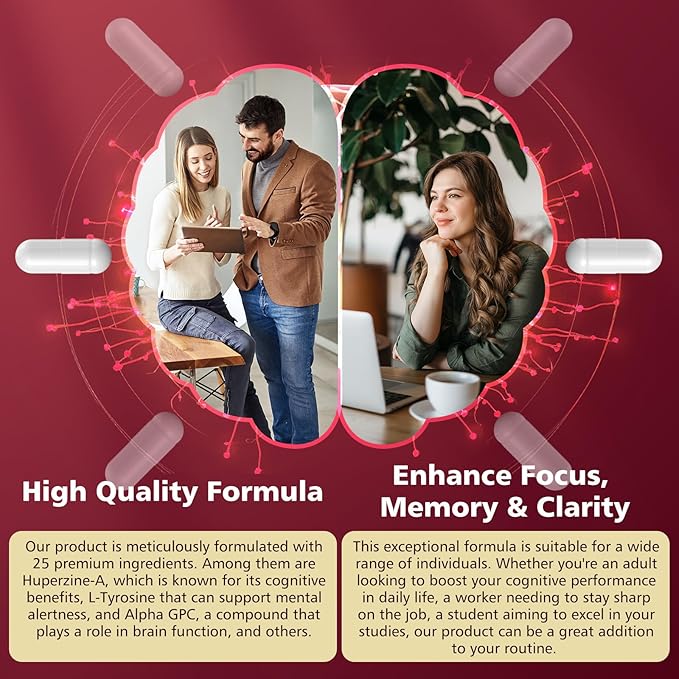 Brain Supplement for Mental Alertness, Memory, Focus & Energy, Alpha GPC, Huperzine-A, L-Tyrosine, Phosphatidylserine, Vitamins B6 B12, High Absorption, 90 Capsules