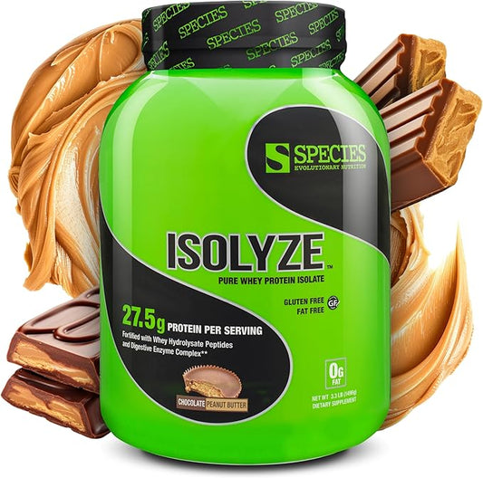 Species Nutrition Isolyze Whey Protein Powder, 100% Whey Isolate for Muscle Building, 27.5g Protein Per Scoop, No Sugar & Low Fat (Chocolate Peanut Butter, 44 Servings)