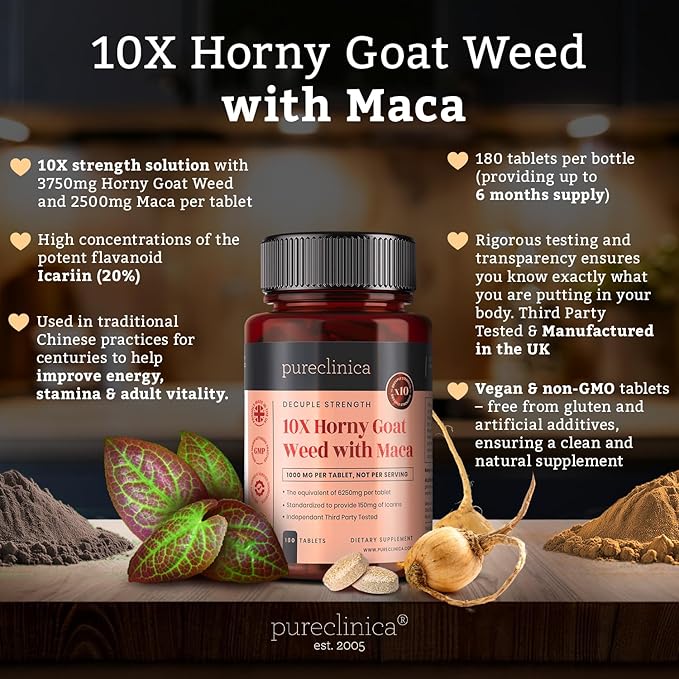 pureclinica 10X Horny Goat Weed Extract (3750mg) Maca Extract (2500mg) x 1080 Tablets (6 Bottles of 180) -10 X More Icariins and Maca