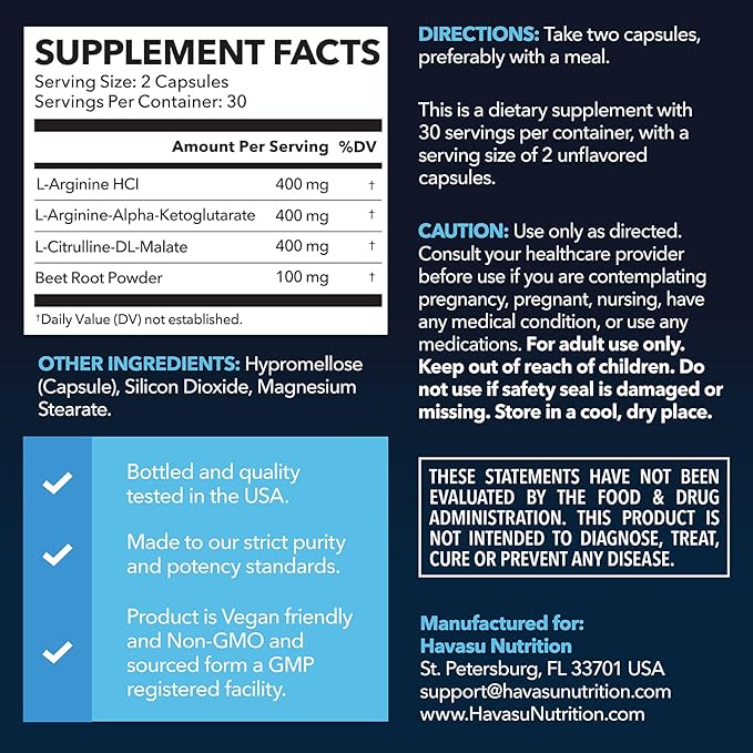 L-Arginine Capsules with L-Citrulline - Nitric Oxide Supplement - L Arginine and L Citrulline Blend - 60 Count - Vegan, Non-GMO Capsules for Performance, Endurance and Muscle Support - 1 Month Supply