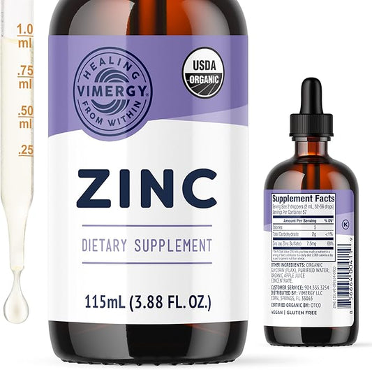 Vimergy Organic Zinc Supplements For Women & Men (7.5mg Liquid Zinc Per Serving) Fast-Absorbing Immune Support, Promotes Healthy Bones & Skin, USDA Certified Organic, Vegan, Up to 57 Servings (115 mL)
