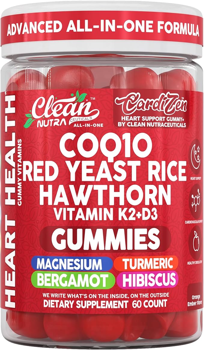 Clean Nutra CoQ10 Gummies Red Yeast Rice Hawthorn K2 Vitamin Supplement Magnesium Glycinate Turmeric Citrus Bergamot Hibiscus VIT D K Fenugreek Garlic Supplements Heart Support Gummy 60ct