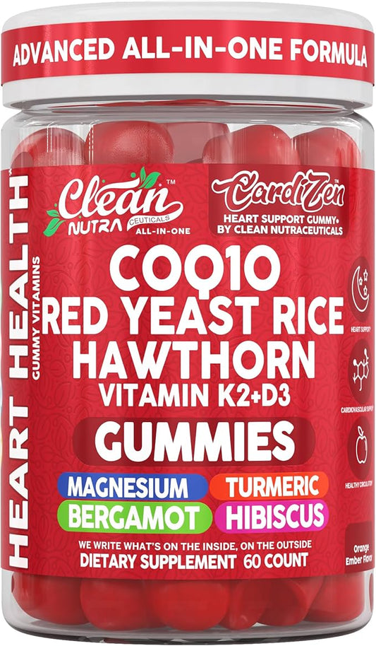 Clean Nutra CoQ10 Gummies Red Yeast Rice Hawthorn K2 Vitamin Supplement Magnesium Glycinate Turmeric Citrus Bergamot Hibiscus VIT D K Fenugreek Garlic Supplements Heart Support Gummy 60ct