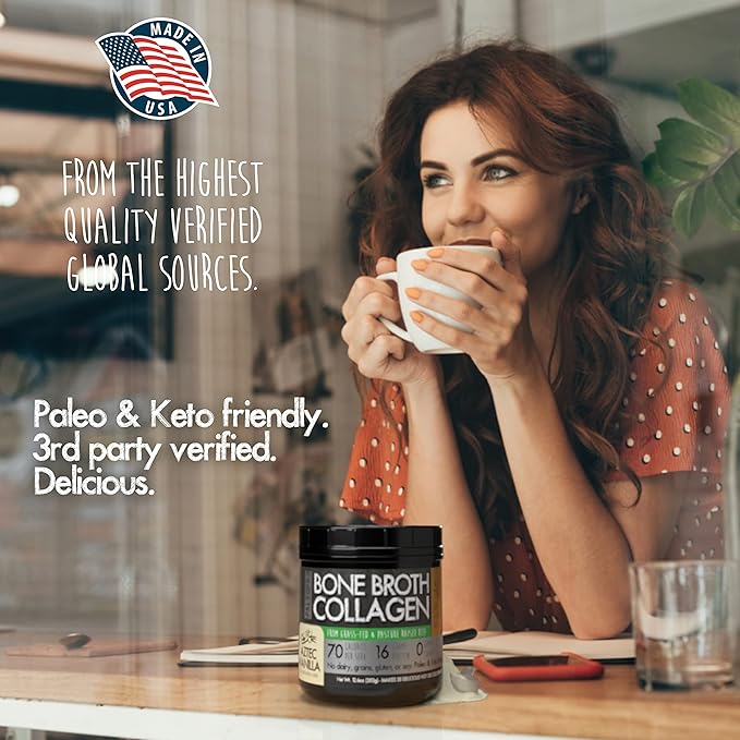 PaleoPro Bone Broth Collagen Protein Powder - Turmeric Root Grass-Fed Collagen Powder for Skin & Bones - Gluten Free, No Sugar, Soy, Grains, Net Carbs - Paleo Keto Friendly 20 Servings Ancient Vanilla
