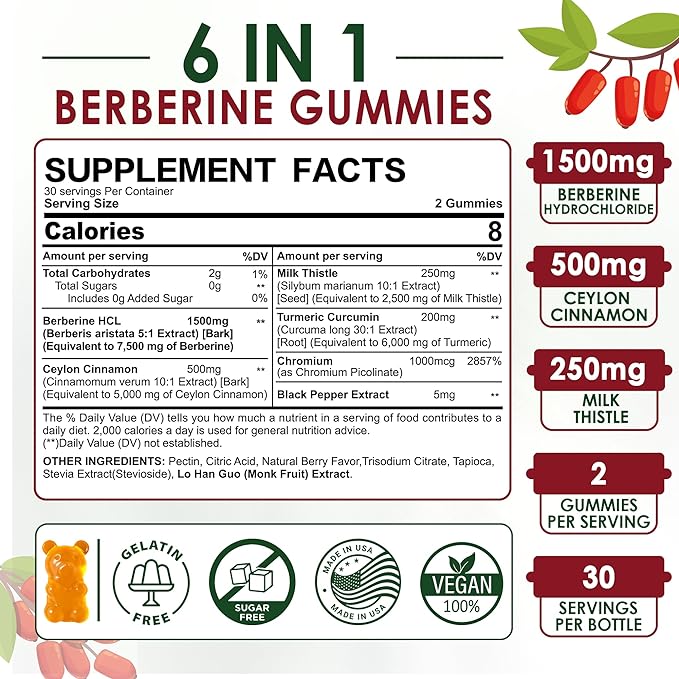 2 Pack - Berberine Gummies 1500mg Sugar Free, Organic Berberine Supplement w/Ceylon Cinnamon, Chromium, Turmeric, Milk Thistle for Metabolism, Berberine HCl from Indian Barberry Extract, Vegan