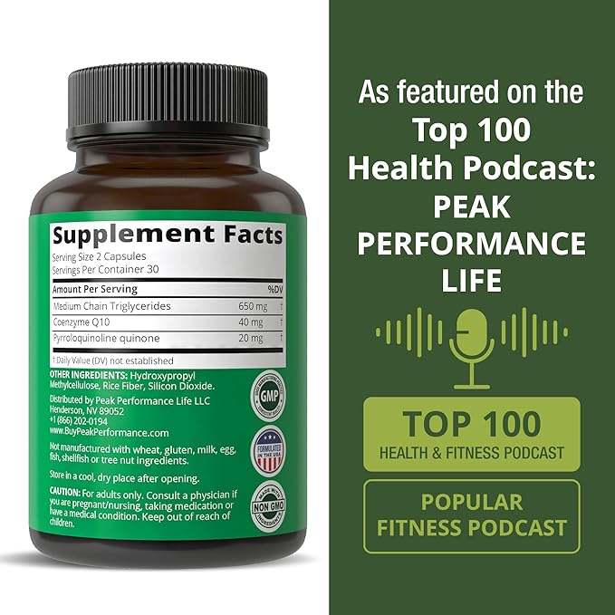 Mitochondria Maximizer with CoQ10 and Active PQQ. Best Mitochondrial Support Supplement with MCT Oil. Natural Cellular Generator for Clean, Focused Energy 60 Vegetarian Capsules