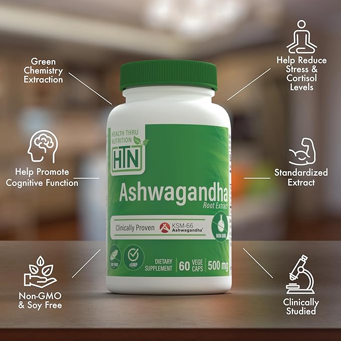 Health Thru Nutrition Ashwagandha 500mg KSM­66® 60 Capsules | Stress, Mood, Focus, & Energy | Clinically Proven and Organic Root-Only Whitania Somnifera Extract | Non-GMO, Gluten & Soy Free