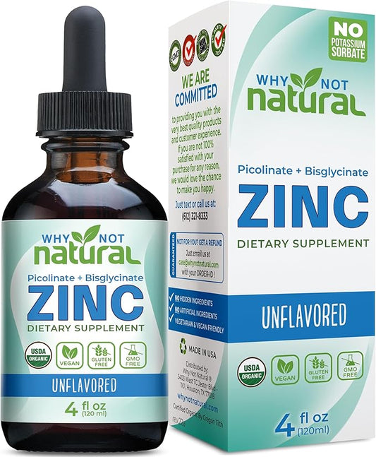 Organic Liquid Zinc Drops Supplement with Chelated Picolinate and Bisglycinate, Vegan