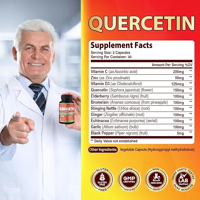 Organic Cadane Quercetin Extract Capsules - Combined with VitC, Zn.C, VitD3, Elderberry, Bromelain, Nettle, Ginger, Echinacea, Garlic, Pepper - 60 Capsules
