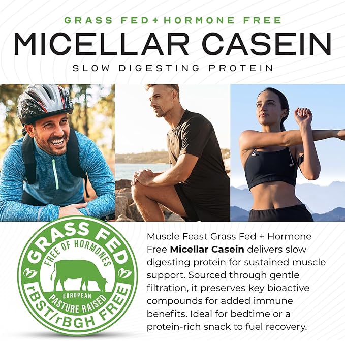 Muscle Feast Grass Fed Micellar Casein Protein Powder, Pasture Raised & Hormone Free, Slow Digesting Casein Protein - Supports Overnight Muscle Recovery, Gluten Free Protein Powder - Chocolate, 4lb