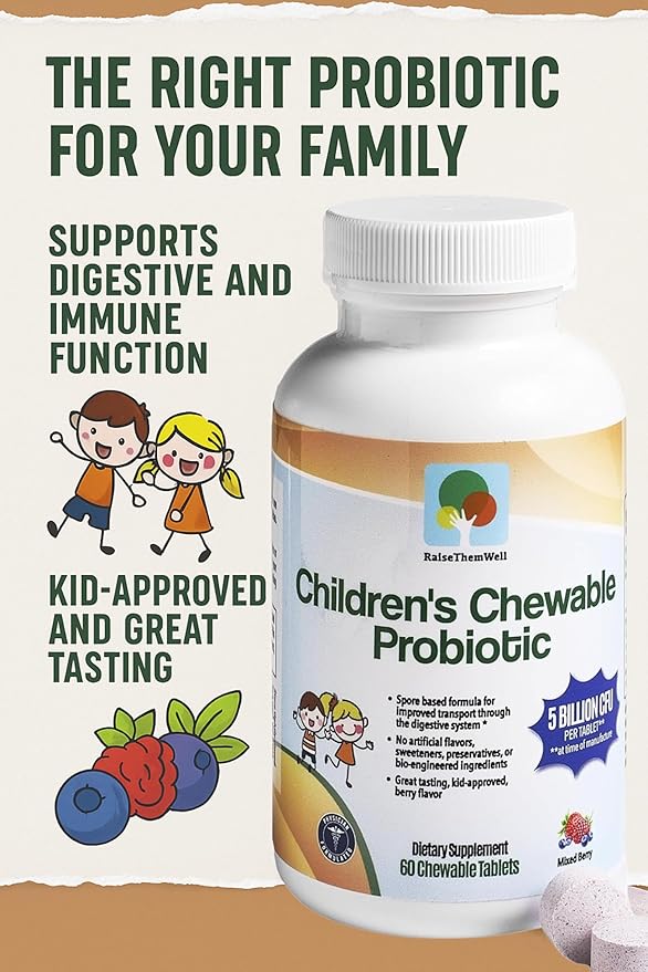 Children’s Probiotic, Chewable Gut Health Tablets for Kids, Supports Digestion, Immunity & Nutrient Absorption, No Artificial Additives, Mixed Berry, 60 Servings