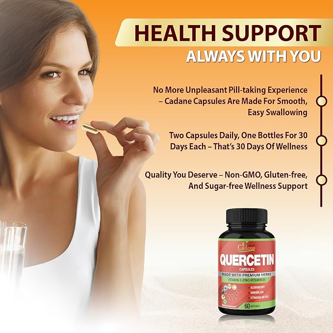 Organic Cadane Quercetin Extract Capsules - Combined with VitC, Zn.C, VitD3, Elderberry, Bromelain, Nettle, Ginger, Echinacea, Garlic, Pepper - 60 Capsules