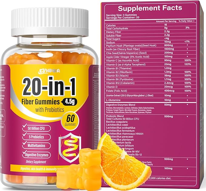 Fiber Supplement 20-in-1, 50 Billion CFU Probiotic Supplement, Fiber Gummies for Adults, Support for Gut & Digestive Health, 60-Count, Orange
