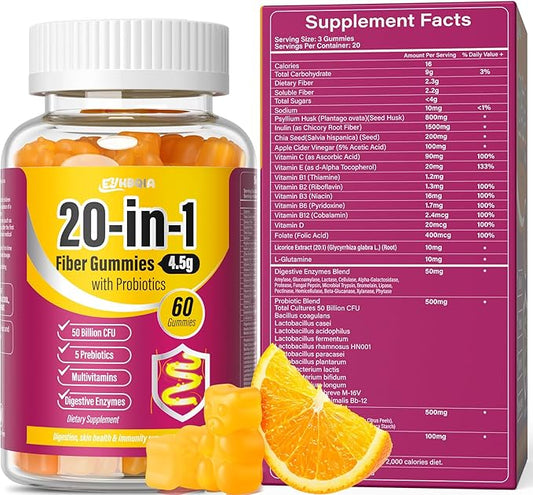 Fiber Supplement 20-in-1, 50 Billion CFU Probiotic Supplement, Fiber Gummies for Adults, Support for Gut & Digestive Health, 60-Count, Orange