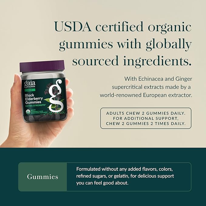 Gaia Herbs Black Elderberry (Sambucus Nigra) Extra Strength Gummies - Delicious Immune Support Supplement - Made with Certified Organic Black Elderberries for Immune System Support - 40 Gummies