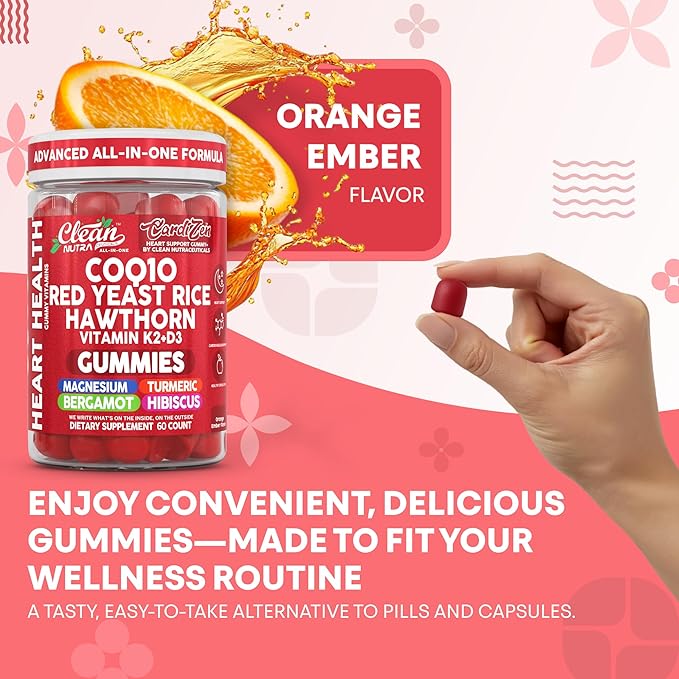 Clean Nutra CoQ10 Gummies Red Yeast Rice Hawthorn K2 Vitamin Supplement Magnesium Glycinate Turmeric Citrus Bergamot Hibiscus VIT D K Fenugreek Garlic Supplements Heart Support Gummy 60ct
