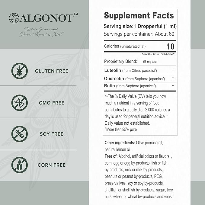 NeuroProtek Low Phenol Liquid - 60 Servings, The only Luteolin Liquid Formulation for Rapid Absorption. Exclusive Patented Combination of Luteolin and Other Flavonoids in Olive Pomace Oil with EVO