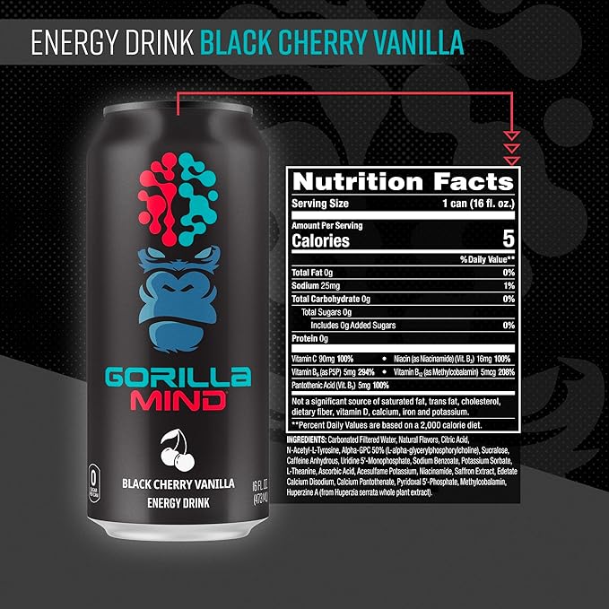 Gorilla Mind Energy Drink | Unmatched Energy · Amplified Focus | N-Acetyl-L-Tyrosine, Alpha-GPC, 200mg Caffeine, Uridine, Saffron | 0 Sugar Or Artificial Colors | 16oz, 12-Pack (Black Cherry Vanilla)