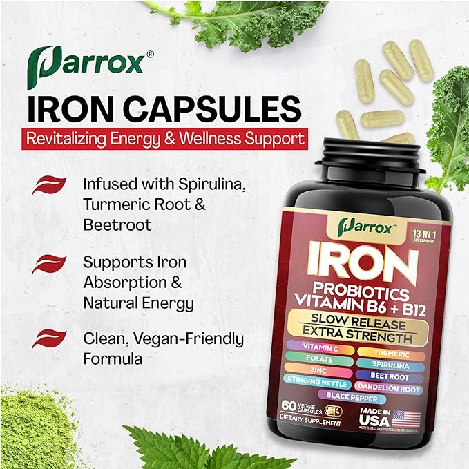Iron Supplement with Slow Release Iron, Vitamin B6, B12, C, Folate, Zinc, Probiotics, Spirulina, Turmeric, Beetroot, Nettle Leaf, Dandelion Root, Black Pepper, Extra Strength, 60 Vegan Capsules 2-Pack
