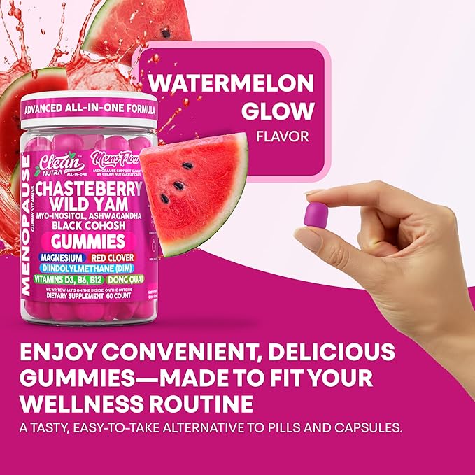 Clean Nutra Chasteberry Wild Yam Menopause Gummies Inositol Black Cohosh Magnesium Red Clover DIM Supplement B6 Magnesium Glycinate Glycine Vitex Hormone Balance for Women Gummy Vitamins 60 Count