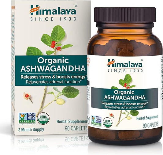 Himalaya Organic Ashwagandha Root, 90 Day Supply - Herbal Adrenal Support Supplements for Stress Relief and Energy Support - USDA Organic, Non-GMO, Vegan, Gluten Free, No Additives, 670 mg, 90 Caplets