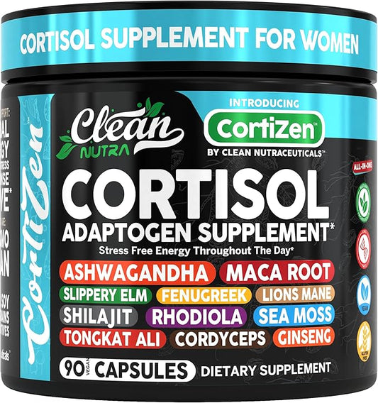 Clean Nutra Cortisol Supplements For Women | Maca Root Ashwagandha Cortisol Detox Manager Reducer + Slippery Elm Fenugreek Lions Mane Shilajit Rhodiola Sea Moss Tongkat Ali Cordyceps Ginseng Beet Root