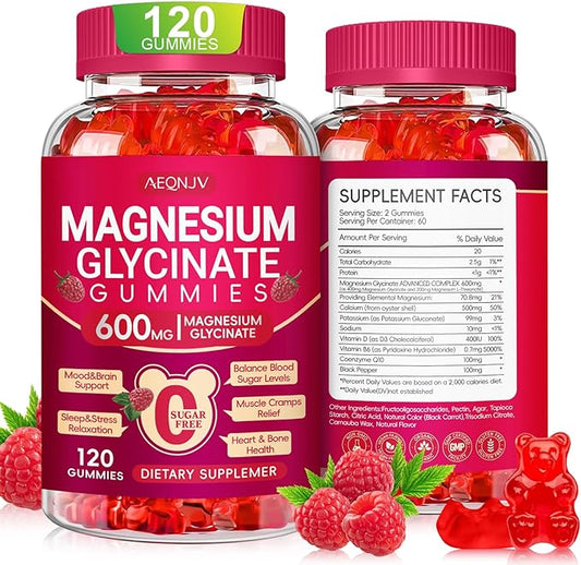 Magnesium Glycinate Gummies 600mg, Sugar Free Magnesium Gummies for Adults with Magnesium L-Threonate, Chewable Magnesium Potassium Supplements for Sleep, Body Support and Relaxation, 120 Count