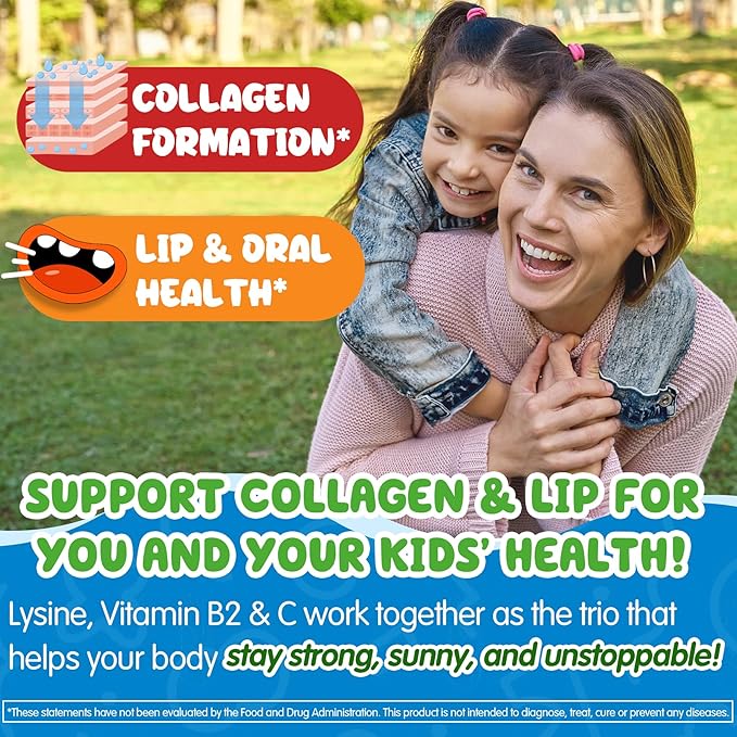 L-Lysine Gummies 500/1000mg with Algae Omega 3, Vitamin B2, D3, K2, C for Adults & Kids 9+, Lysine Supplement Support Immune, Lip & Oral, Collagen Production, Brain, Bone Health, Sugar Free 1Pack