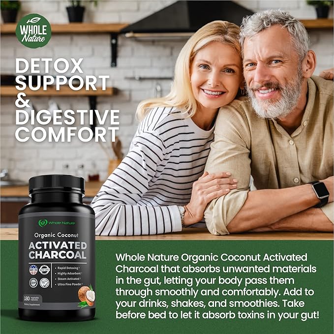 Pure Coconut Activated Charcoal Capsules - 180 Charcoal Pills, Helps with Teeth Whitening, Bloating and Body Cleansing. Non-GMO - Gluten Free, Vegan