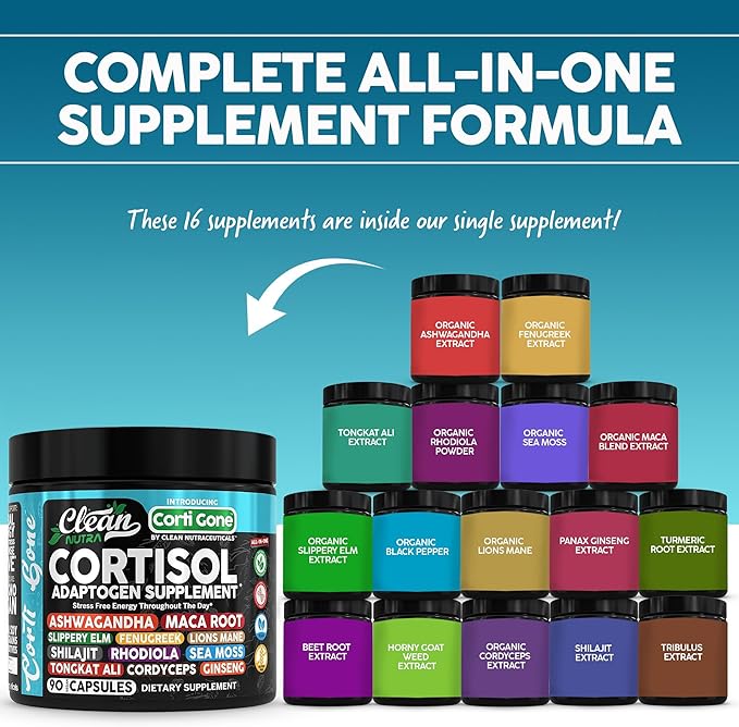 Clean Nutra Cortisol Supplements For Women | Maca Root Ashwagandha Cortisol Detox Manager Reducer + Slippery Elm Fenugreek Lions Mane Shilajit Rhodiola Sea Moss Tongkat Ali Cordyceps Ginseng Beet Root