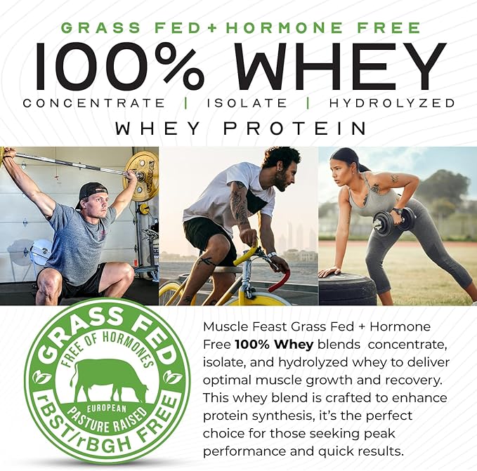 Muscle Feast 100% Grass Fed Whey Protein Powder, All Natural, Hormone Free Paure Raised Whey Protein Powder for Women & Men - Whey Concentrate, Isolate & Hydrolyzed Protein Powder Blend - Vanilla, 2lb