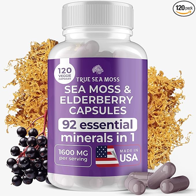 Irish Sea Moss Capsules - 120 Elderberry Capsules (1600mg) - Prebiotic Superfood - Boosts The Immune & Digestive System - Healthy Skin, Keto Detox, Gut, Joint Support