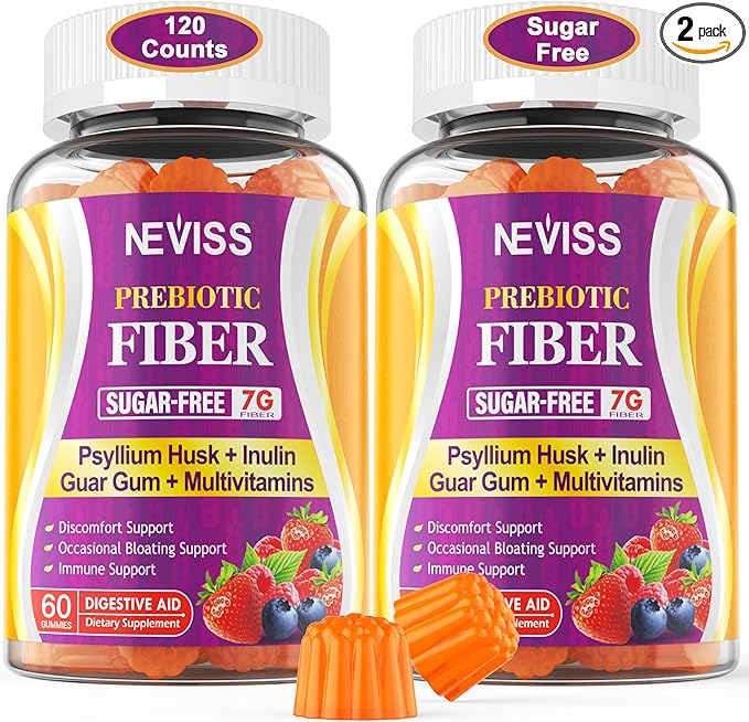 Fiber Gummies for Adults with Psyllium Husk, 7G(Soluble + Insoluble) Daily Prebiotic Fiber with Inulin, FOS, Guar Gum, Multivitamins for Daily Digestive Health, Regularity Support,Sugar Free,Pack of 2