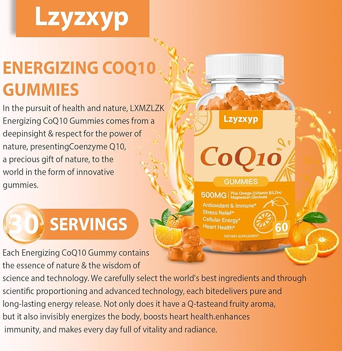 CoQ10 Oranges Gummies 500mg-3X Better Absorption Coenzyme Q10 Supplements - Plus Omega-3, Magnesium, Vitamin B3 & Zinc for Heart Health, Cellular Energy & Antioxidant, Vegan, Non-GMO 60 Ct (1)