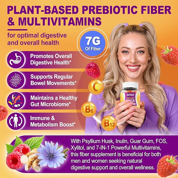 Fiber Gummies for Adults with Psyllium Husk, 7G(Soluble + Insoluble) Daily Prebiotic Fiber with Inulin, FOS, Guar Gum, Multivitamins for Daily Digestive Health, Regularity Support,Sugar Free,Pack of 2