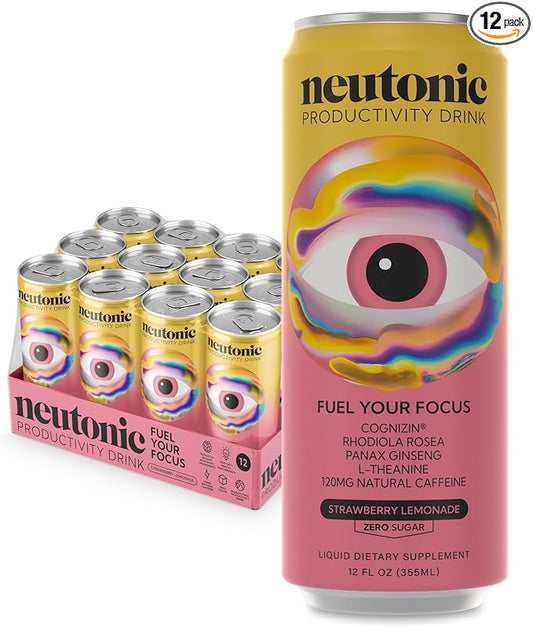 Neutonic Nootropic Productivity Energy Drink | Strawberry Lemonade 12 Cans | 120mg Natural Caffeine, Zero Sugar | Support Memory, Mental Clarity, Cognitive Function | Boost Focus, Energy, Brain Health