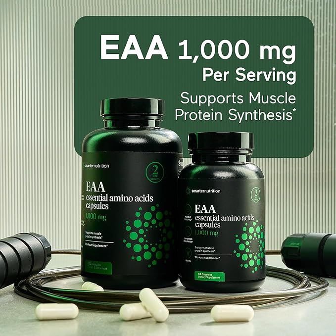 SMARTERNUTRITION Essential Amino Acids (EAA) Capsules - 1 Gram Per Serving of All 9 EAAs - Supports Muscle Mass & Exercise - Non-GMO, Vegan, Gluten Free - 180 Count[90-Day Supply]