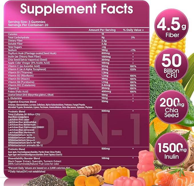 Fiber Supplement 20-in-1, 50 Billion CFU Probiotic Supplement, Fiber Gummies for Adults, Support for Gut & Digestive Health, 60-Count, Orange