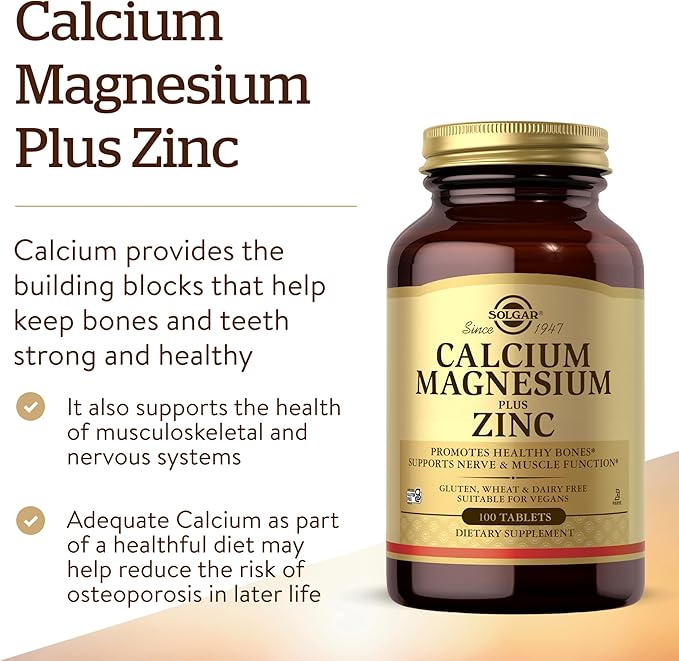 Solgar Calcium Magnesium Plus Zinc, 100 Tablets - Promotes Healthy Bones and Teeth - Supports Nerve & Muscle Function - Non-GMO, Vegan, Gluten Free, Dairy Free, Kosher - 33 Servings