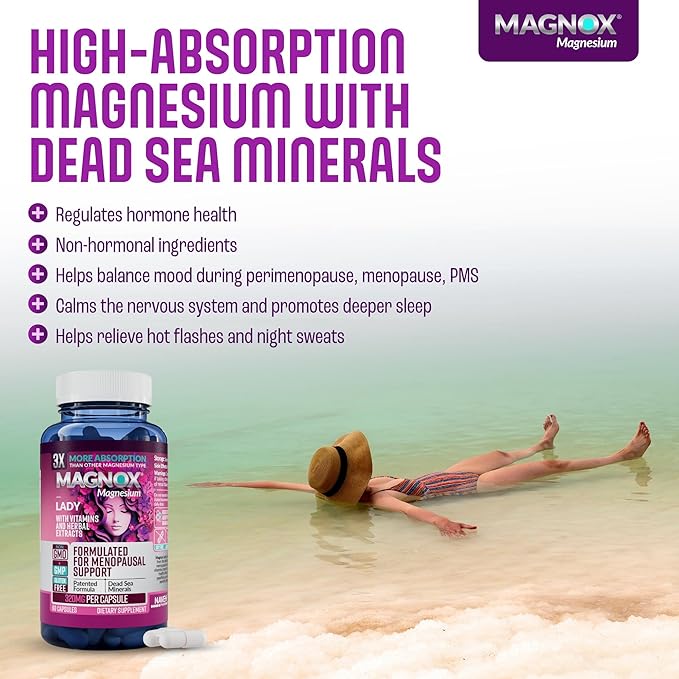 MAGNOX Lady Magnesium Supplement | Menopause and PMS Support Supplement for Women | Magnesium Complex with Vitamins B6, B1, B12, D, Zinc | High-Absorption Dead Sea Organic | 60 Capsules