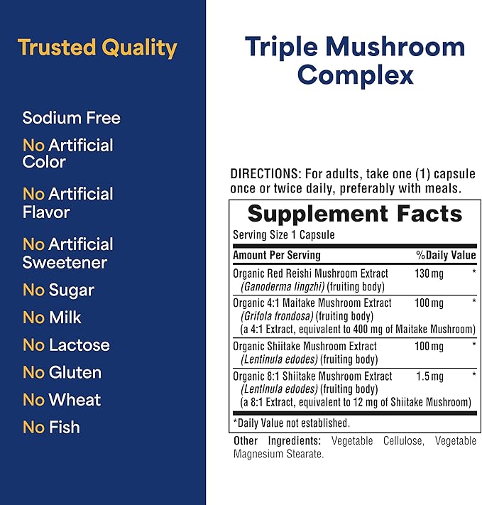 Puritan's Pride Triple Mushroom Complex, Reishi, Maitake & Shiitake Extracts, Organic Mushroom Extracts, 60 Vegetarian Cpasules