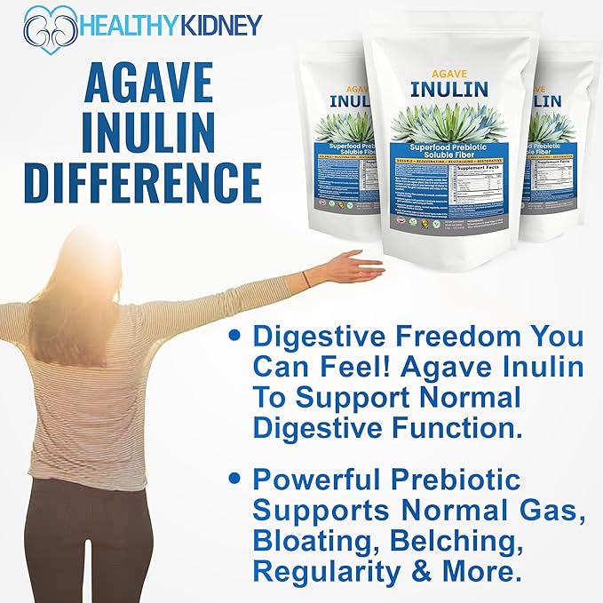 Organic Inulin Powder (48oz/3 lbs) Gentle Agave Prebiotic Soluble Fiber Supplement for Digestive Support, Gut Health, Vegan Baking, Smoothies & Drinks