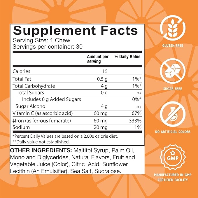 Celebrate Vitamins Iron Supplement with 60mg Iron & Vitamin C – Citrus Chewables for Bariatric Patients, Gastric Bypass & Sleeve Gastrectomy Support – 30 Tablets for Post-Surgery Health Maintenance