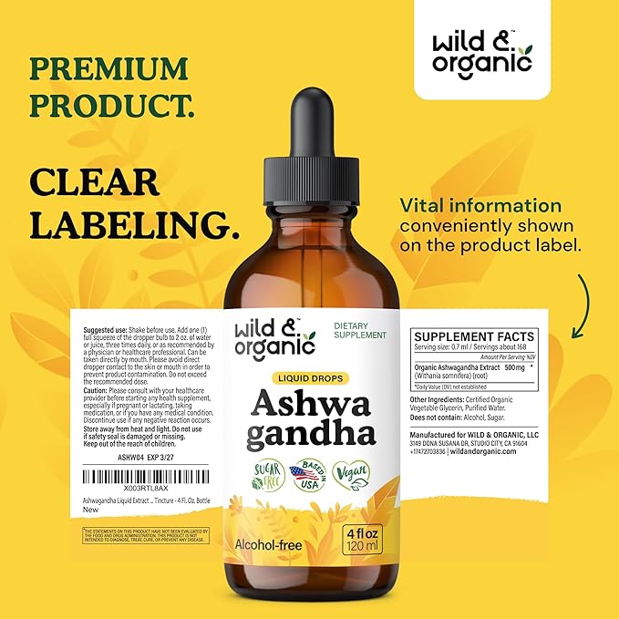 Wild & Organic Ashwagandha Drops - Mood Support Supplement w/Ashwagandha Root Extract - Liquid Drops for Calm Mind - Relaxation Supplements - Sugar & Alcohol-Free - 4 fl oz
