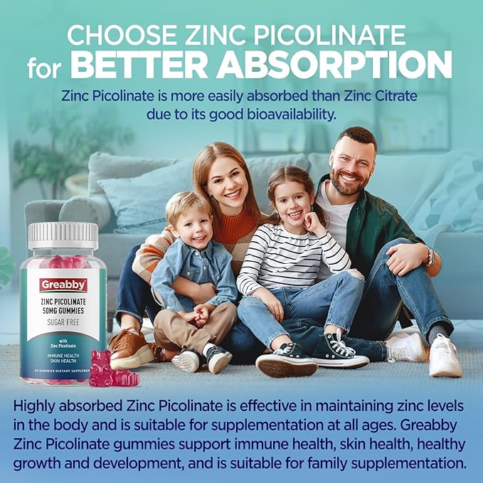 Zinc Gummies Sugar Free, Zinc Picolinate 50mg Highly Absorbable Zinc Supplement for Kids & Adults, Support Immune System, Skin Health, 120 Gummies